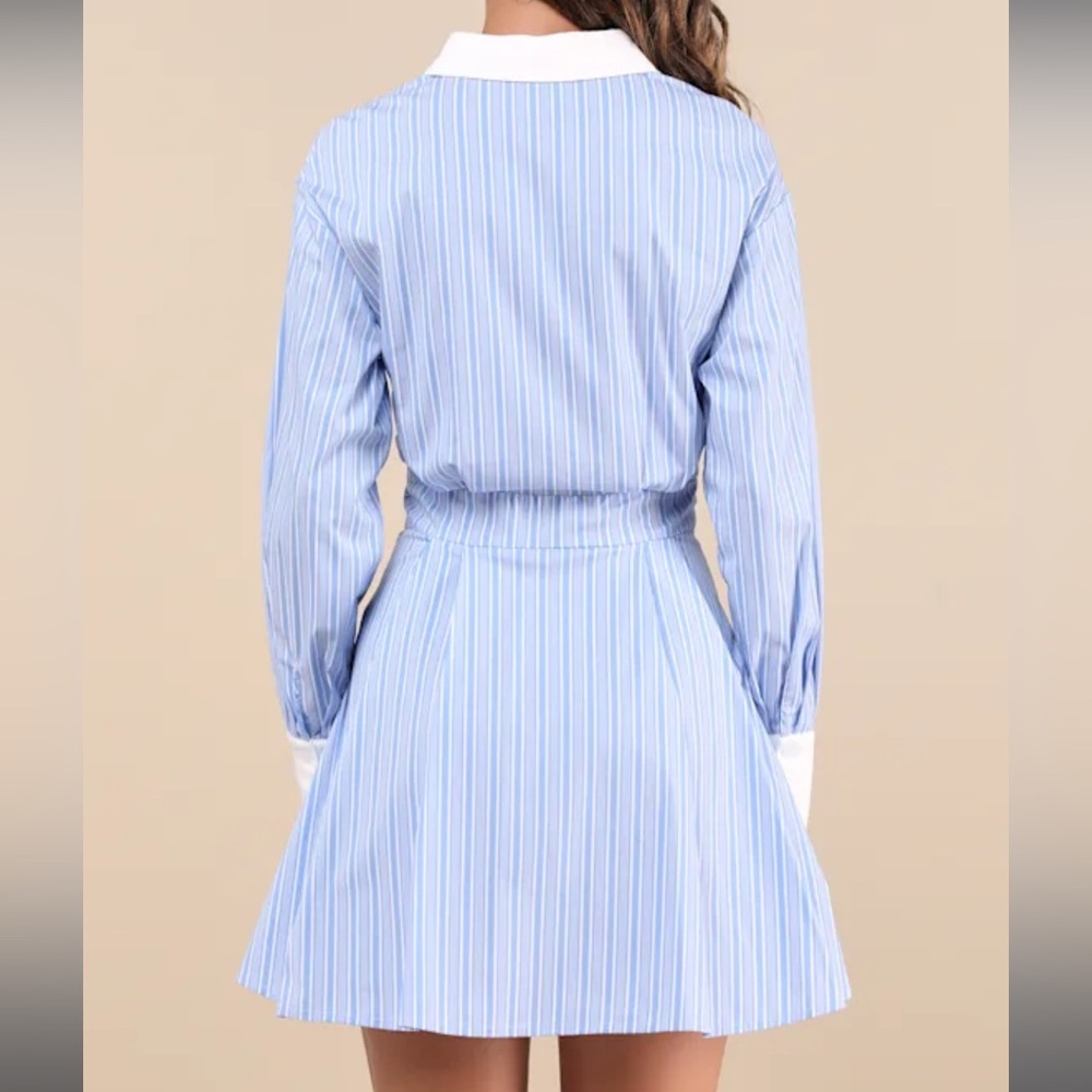 Striped Shirt Dress with Contrast Cuffs - Light Blue - Picture 2 of 7